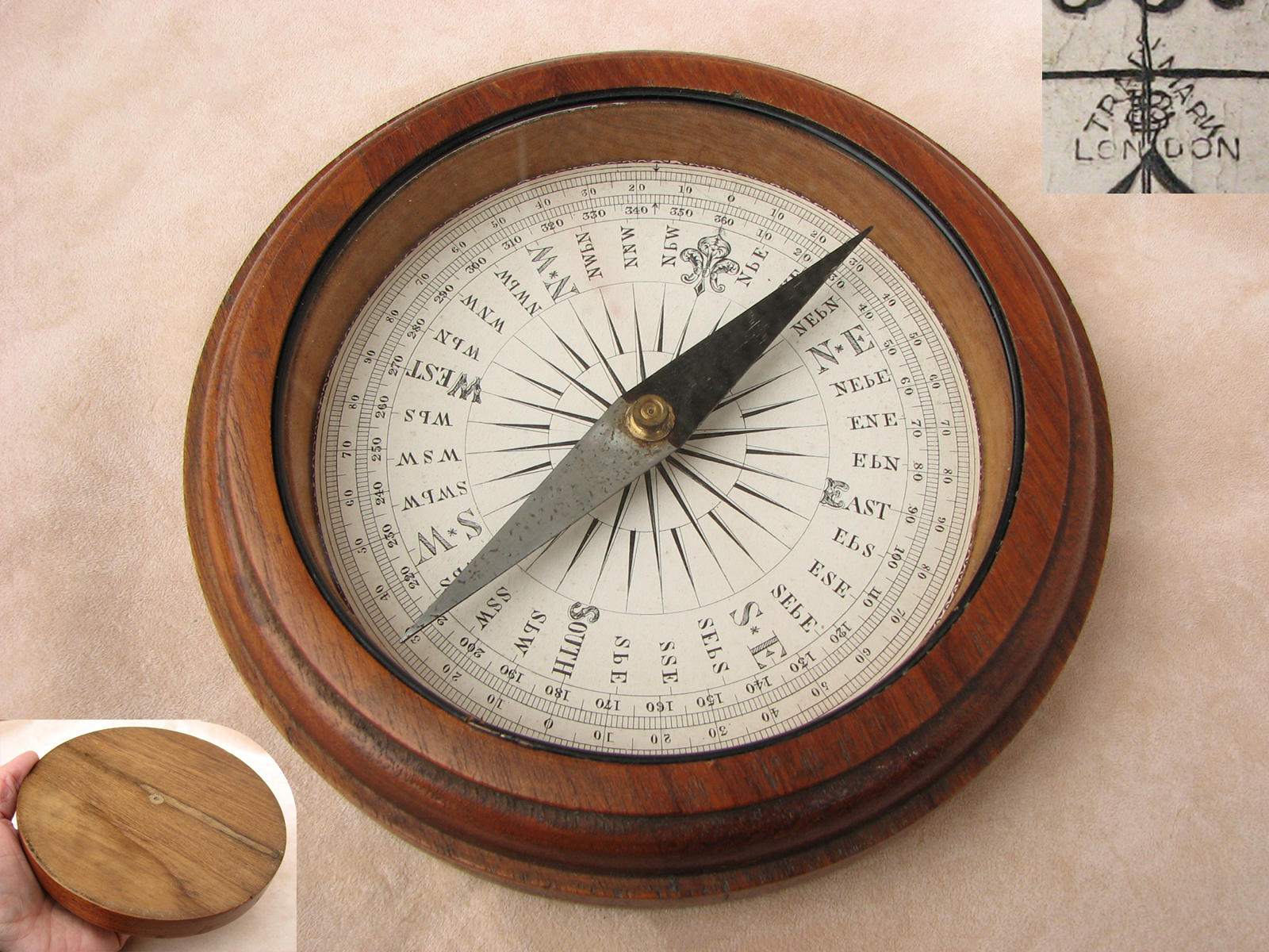 Francis Barker & Son mahogany desktop compass with Trademark London logo